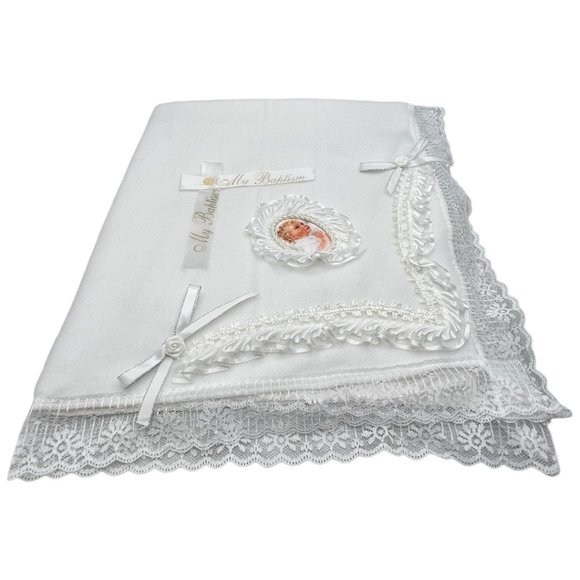 My Baptism Blanket White Christening Blanket Cotton/Fleece With Lace Trim - Picture 4 of 8